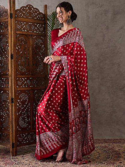 Red Pure Semi Modal Silk Floral Printed Saree 
