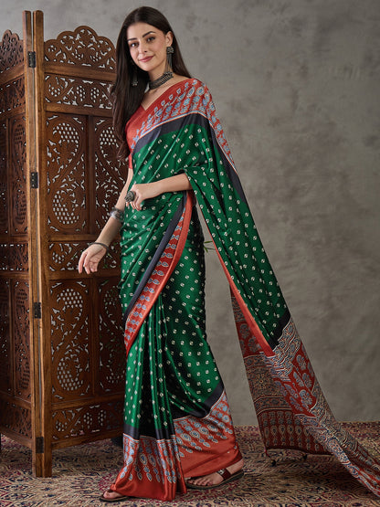 Green Pure Semi Modal Silk Ajarkh Printed Saree 