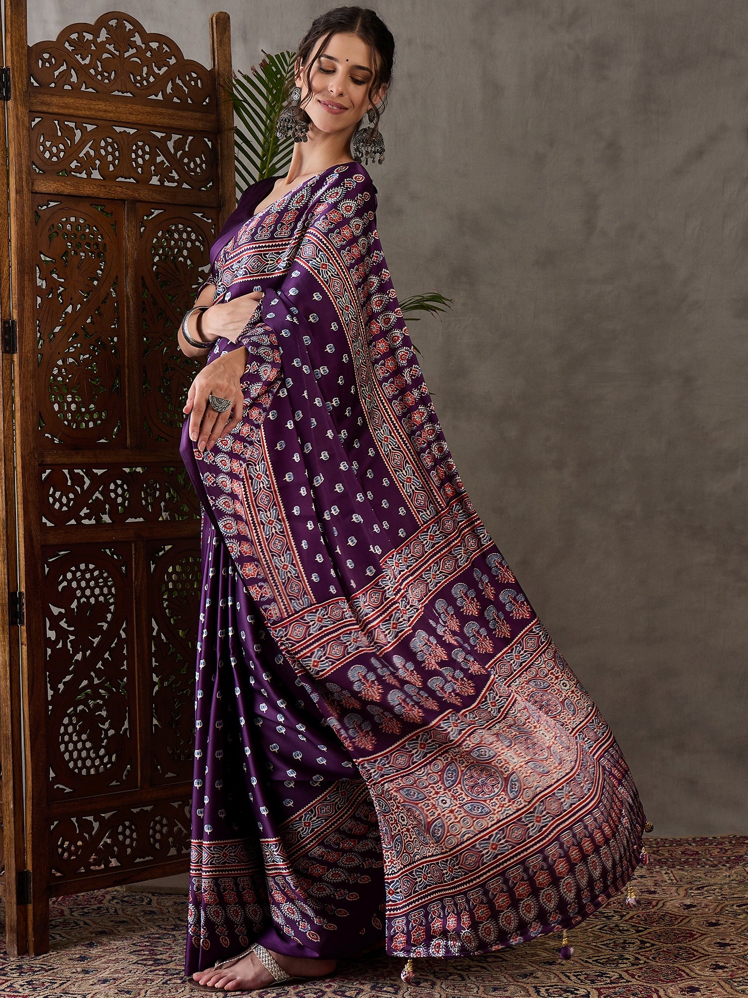 Purple Pure Semi Modal Silk Floral Printed Saree 