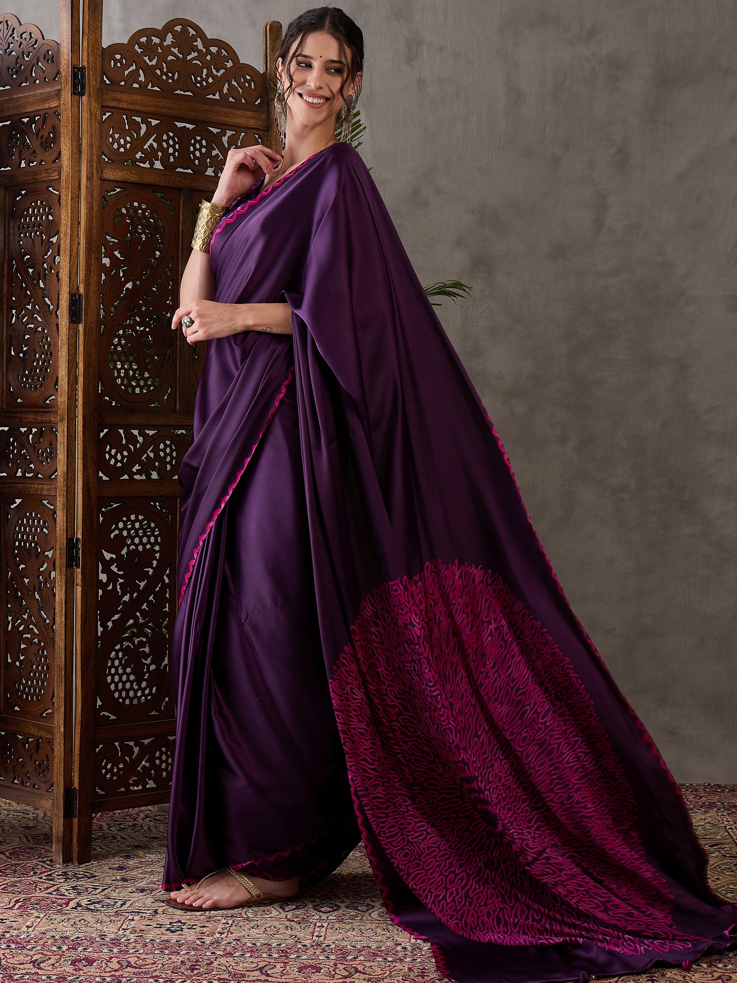 Purple Pure Semi Modal Japan Silk Ajarkh Printed Saree 