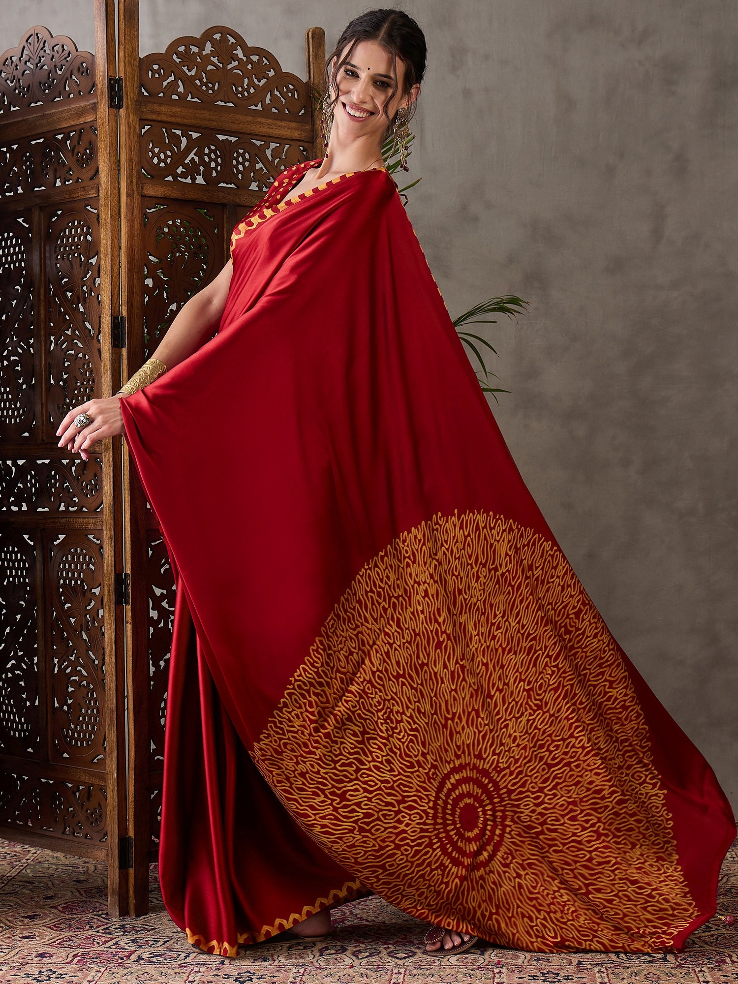 Red Pure Semi Modal Japan Silk Ajarkh Printed Saree ##color## Floral Printed Saree with premium fabric and embroidery