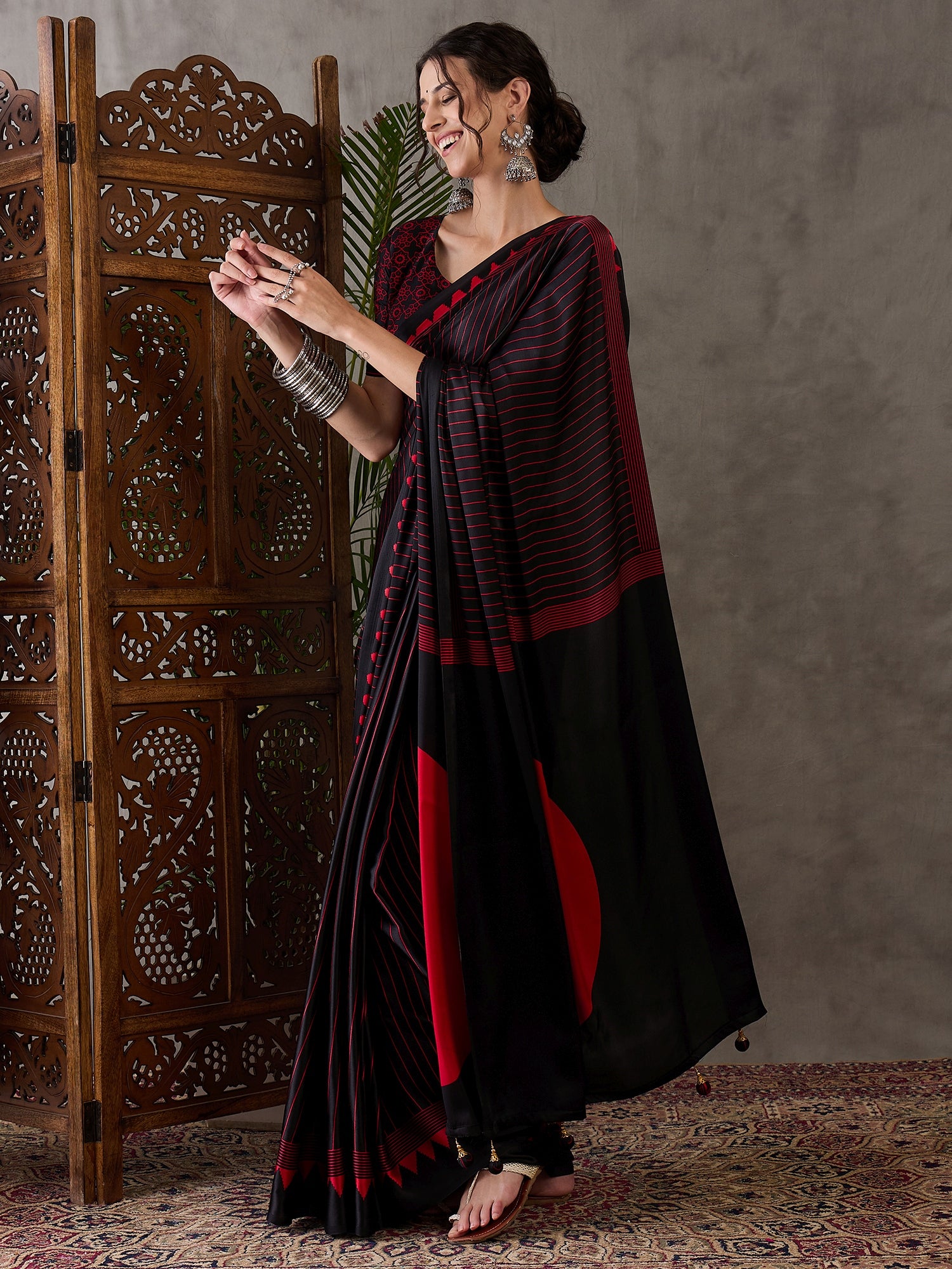 Black Pure Semi Modal Silk Ajarkh Printed Saree ##color## Floral Printed Saree with premium fabric and embroidery