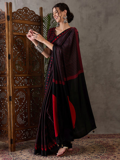 Black Pure Semi Modal Silk Ajarkh Printed Saree 