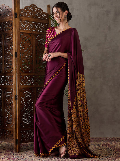 Maroon Pure Semi Modal Japan Silk Ajarkh Printed Saree 