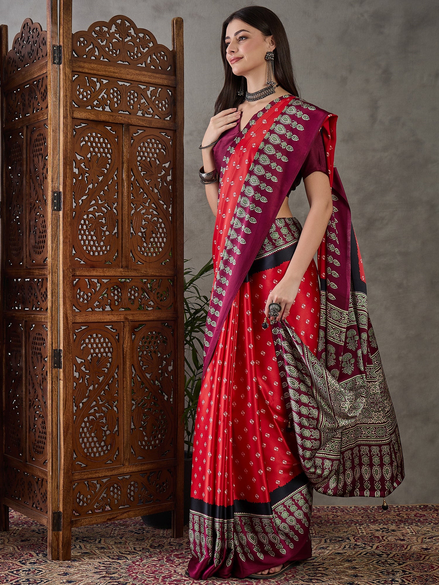 Red Pure Semi Modal Silk Ajarkh Printed Saree ##color## Floral Printed Saree with premium fabric and embroidery
