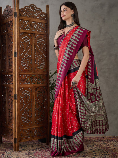 Red Pure Semi Modal Silk Ajarkh Printed Saree 