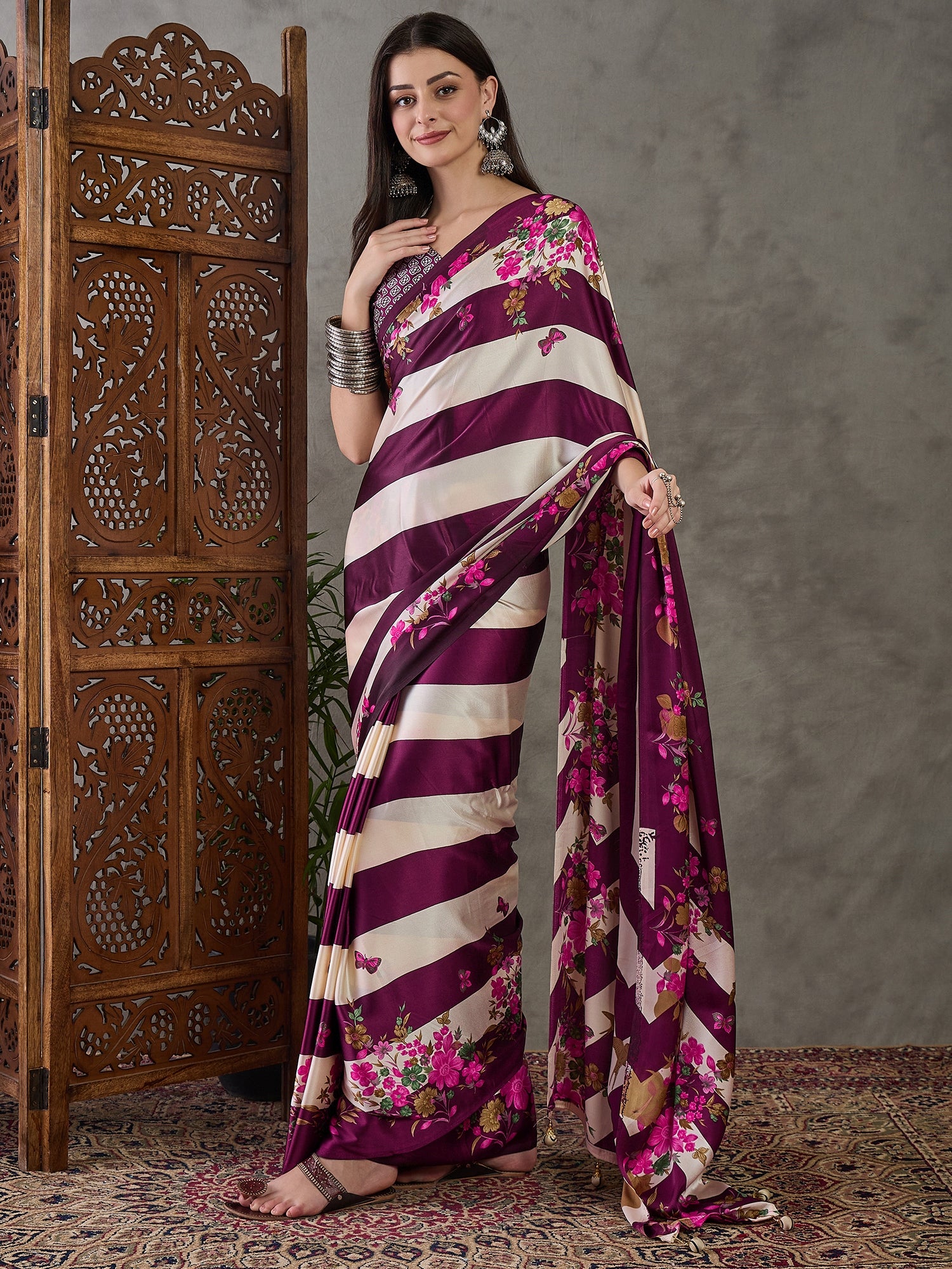 Purple Pure Semi Modal Japan Silk Ajarkh Printed Saree 