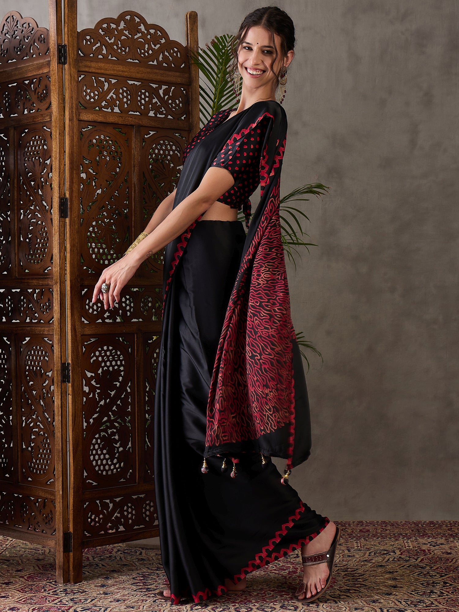 Black Pure Semi Modal Japan Silk Ajarkh Printed Saree ##color## Floral Printed Saree with premium fabric and embroidery