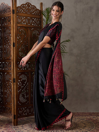 Black Pure Semi Modal Japan Silk Ajarkh Printed Saree 