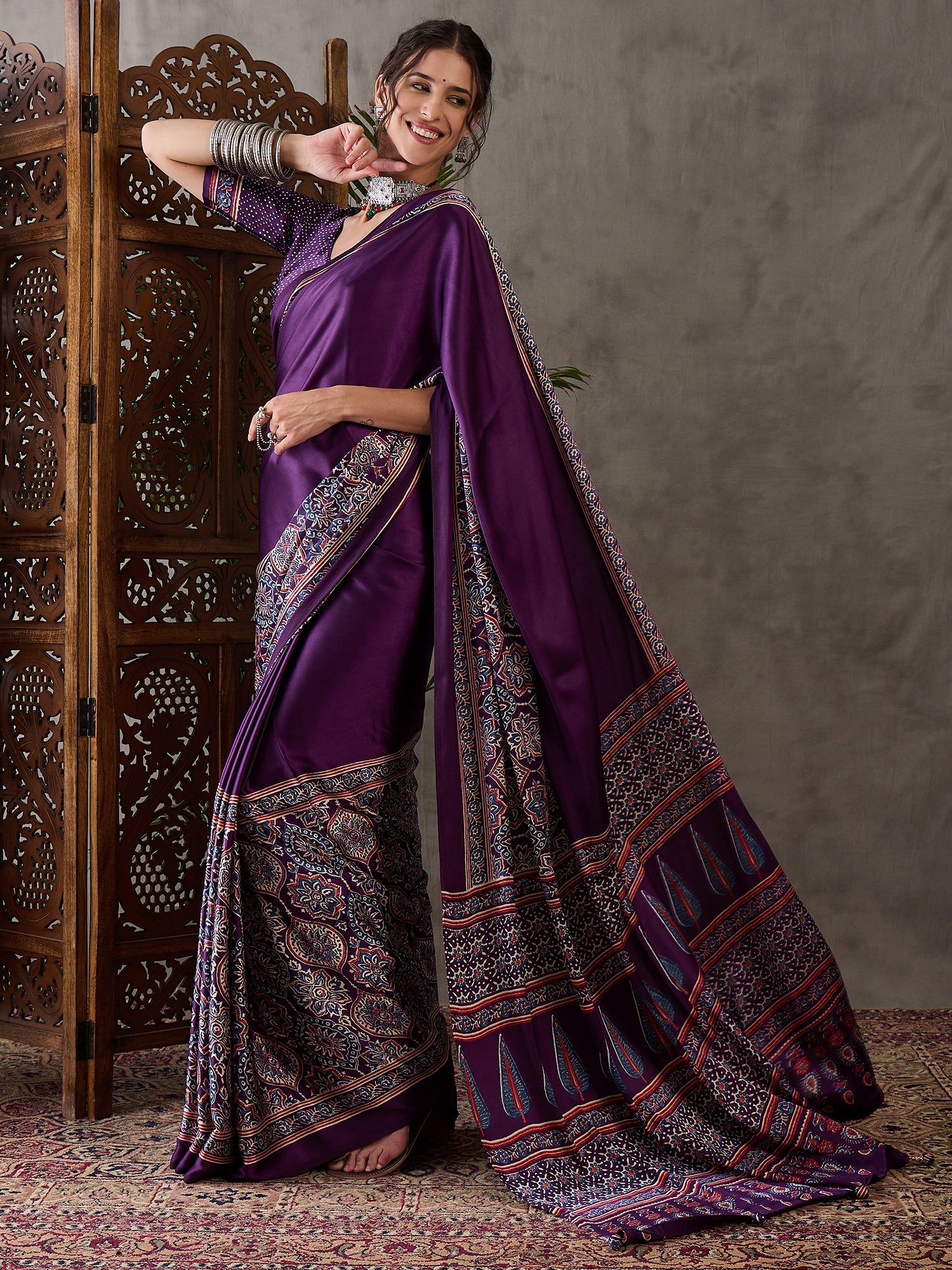 Purple Pure Semi Modal Silk Floral Printed Saree ##color## Floral Printed Saree with premium fabric and embroidery