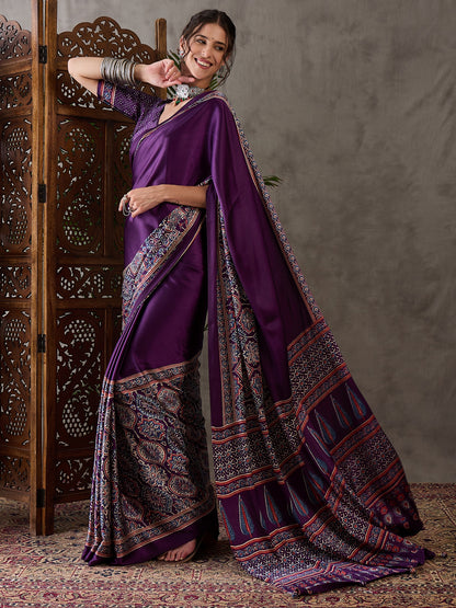 Purple Pure Semi Modal Silk Floral Printed Saree 