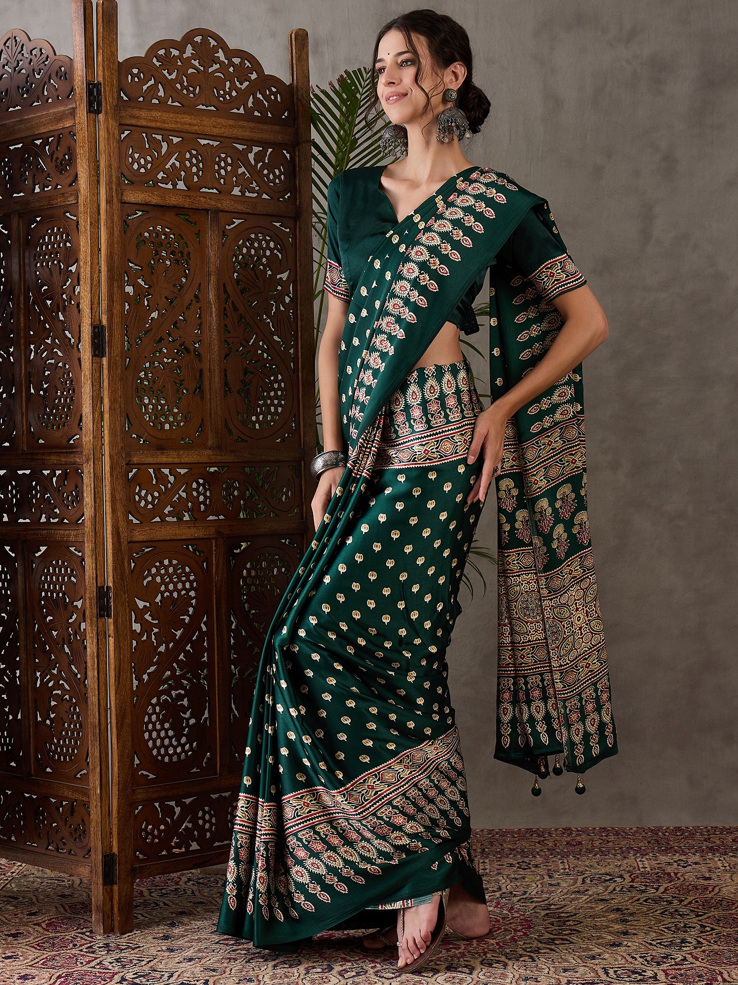Green Pure Semi Modal Silk Floral Printed Saree 