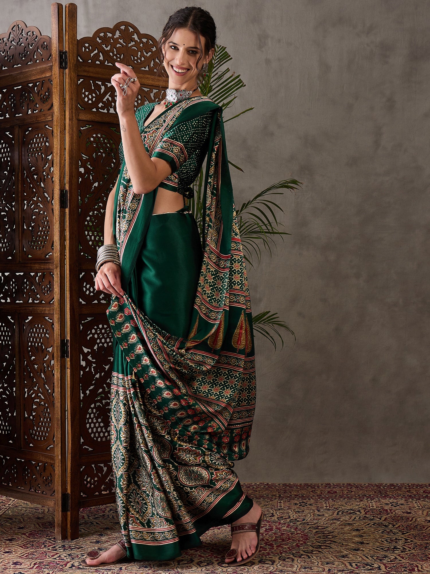 Green Pure Semi Modal Silk Floral Printed Saree 