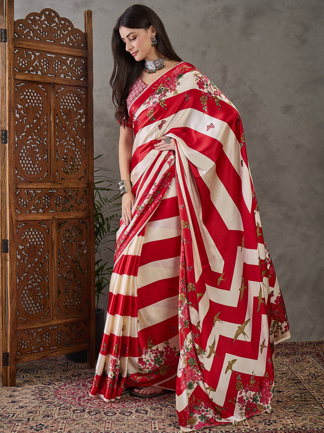 Red Pure Semi Modal Japan Silk Ajarkh Printed Saree 