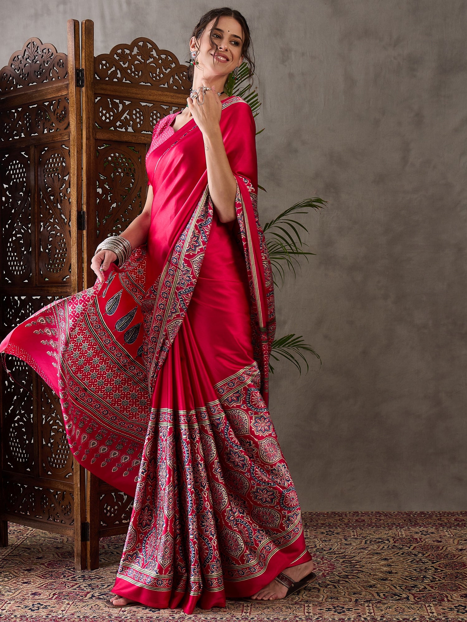 Pink Pure Semi Modal Silk Floral Printed Saree 
