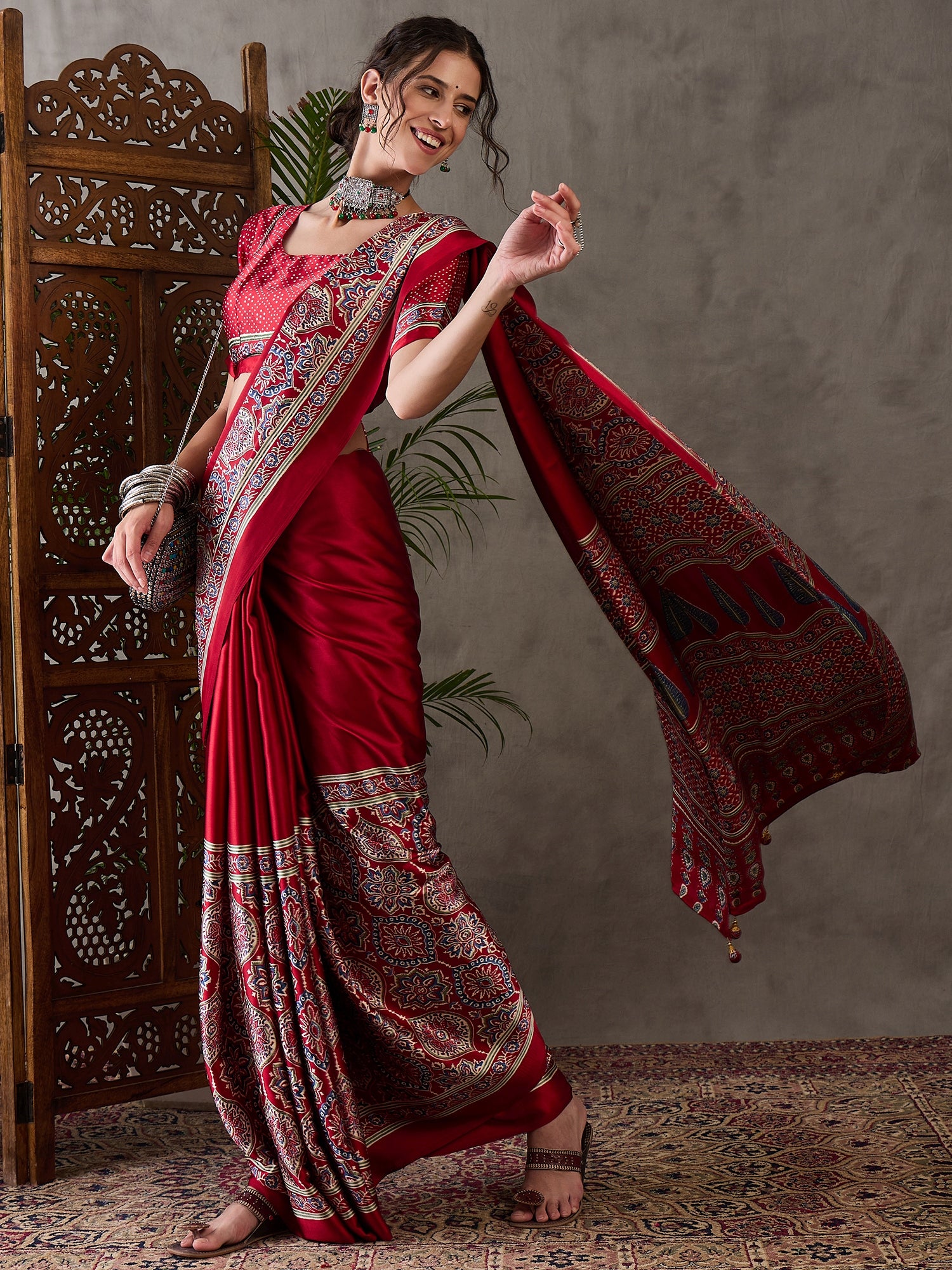 Red Pure Semi Modal Silk Floral Printed Saree 