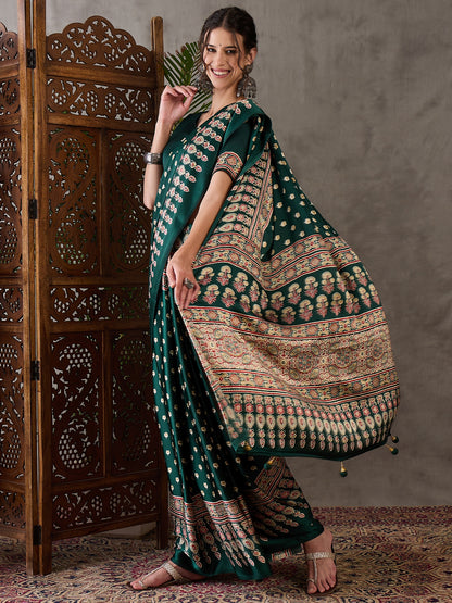 Green Pure Semi Modal Silk Floral Printed Saree 