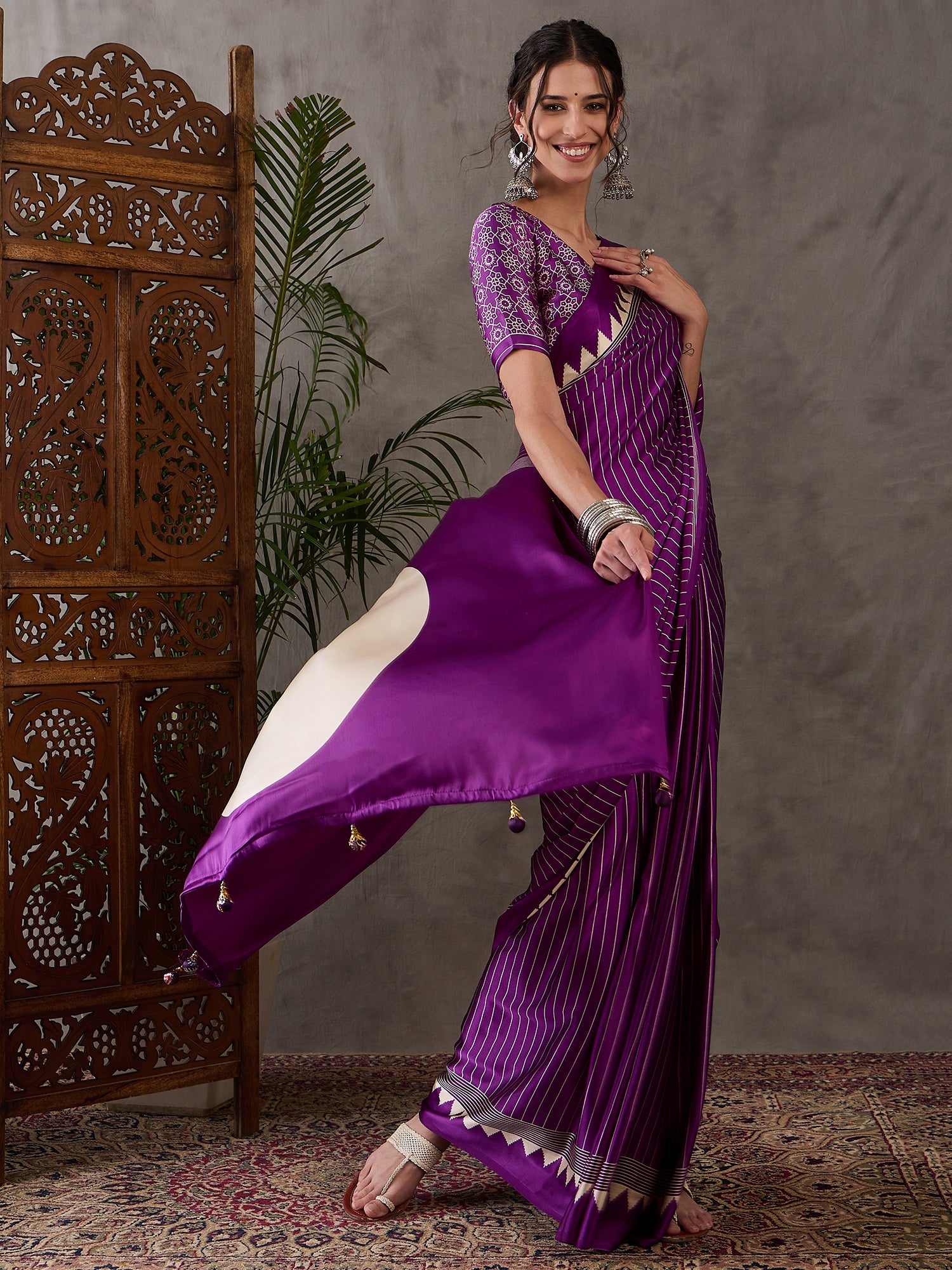 Purple Pure Semi Modal Silk Ajarkh Printed Saree ##color## Floral Printed Saree with premium fabric and embroidery