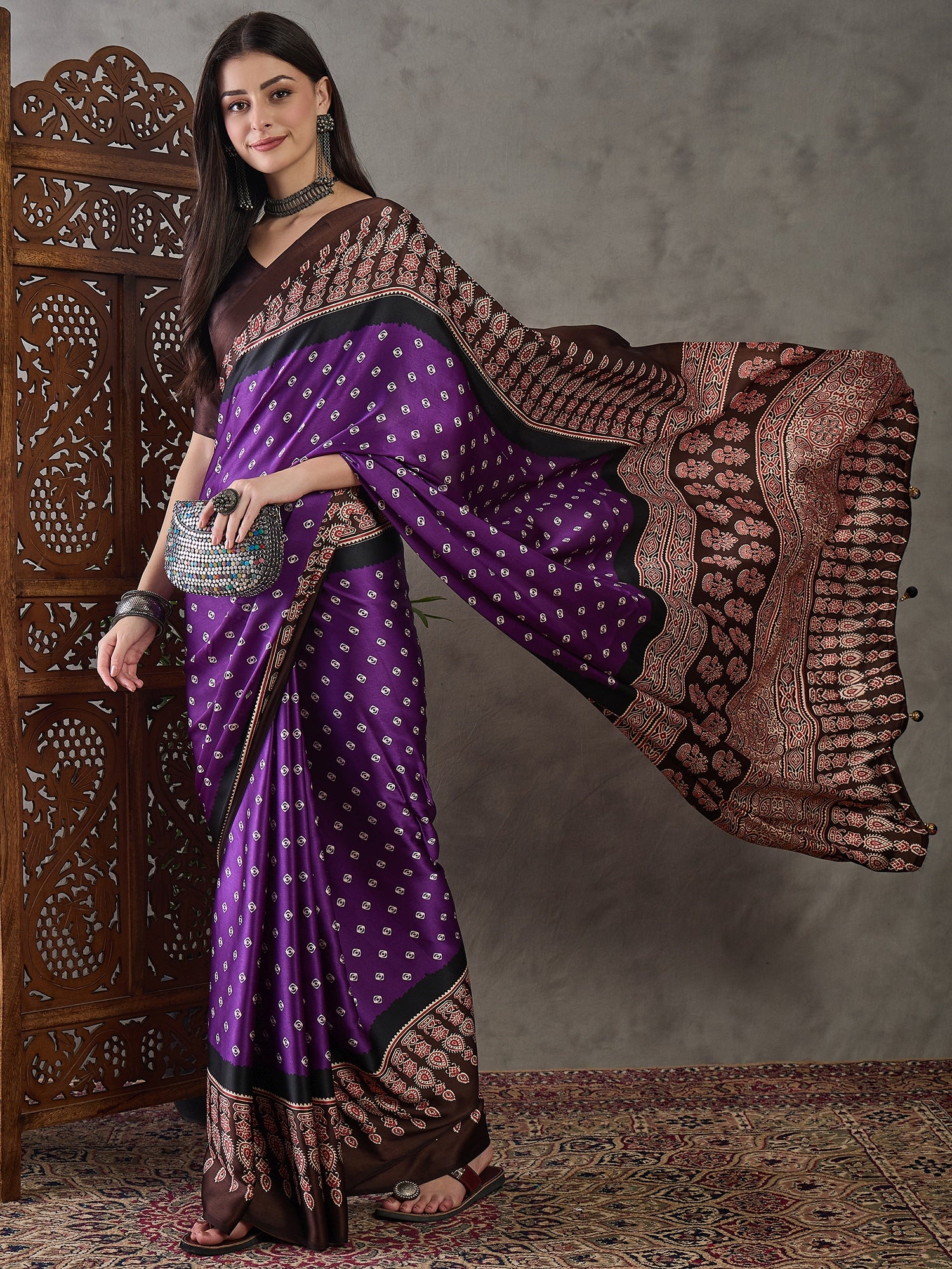 Violet Pure Semi Modal Silk Ajarkh Printed Saree 
