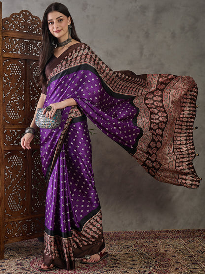 Violet Pure Semi Modal Silk Ajarkh Printed Saree 