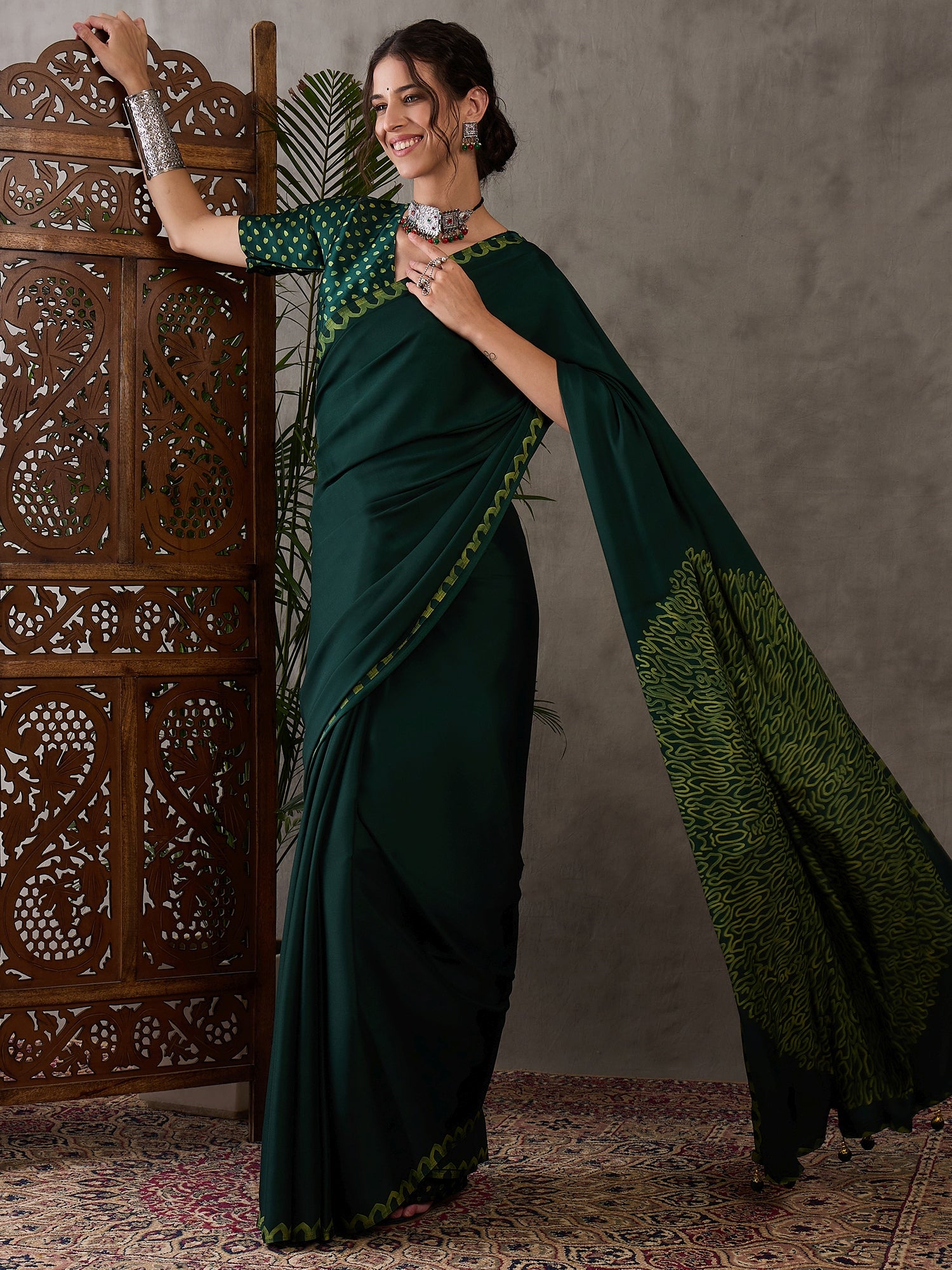 Green Pure Semi Modal Japan Silk Ajarkh Printed Saree ##color## Floral Printed Saree with premium fabric and embroidery