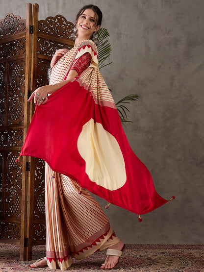 Cream Pure Semi Modal Silk Ajarkh Printed Saree 