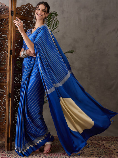 Blue Pure Semi Modal Silk Ajarkh Printed Saree 