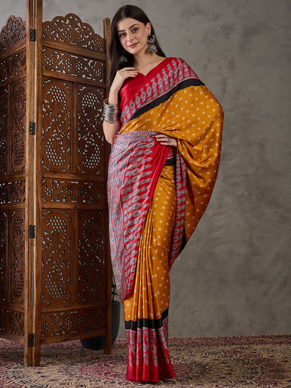Mustard Pure Semi Modal Silk Ajarkh Printed Saree