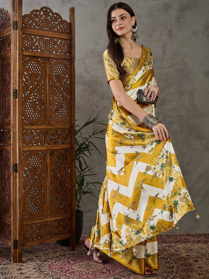 Yellow Pure Semi Modal Japan Silk Ajarkh Printed Saree 