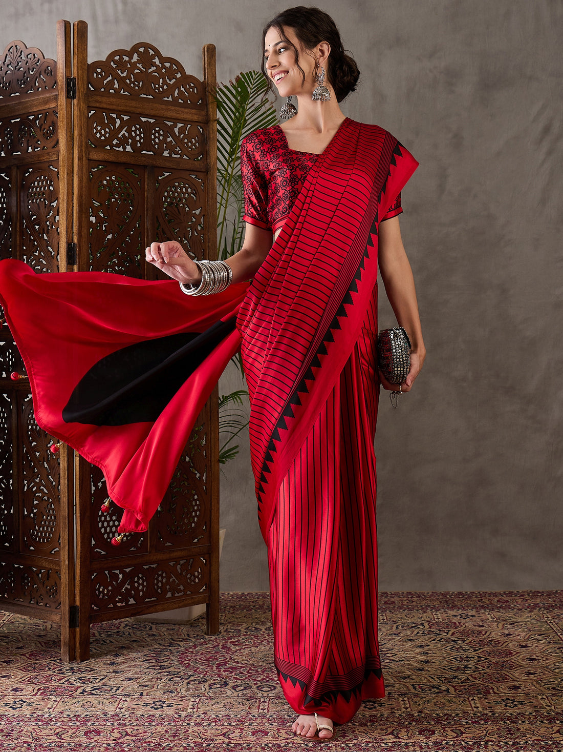 Red Pure Semi Modal Silk Ajarkh Printed Saree 