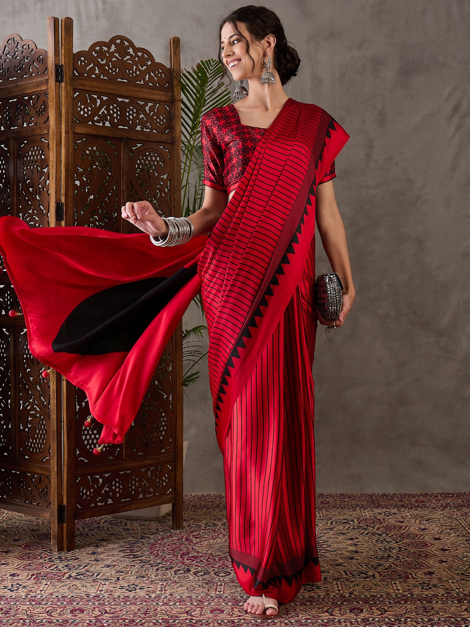 Red Pure Semi Modal Silk Ajarkh Printed Saree ##color## Floral Printed Saree with premium fabric and embroidery