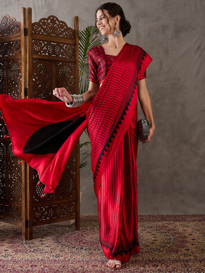 Red Pure Semi Modal Silk Ajarkh Printed Saree 