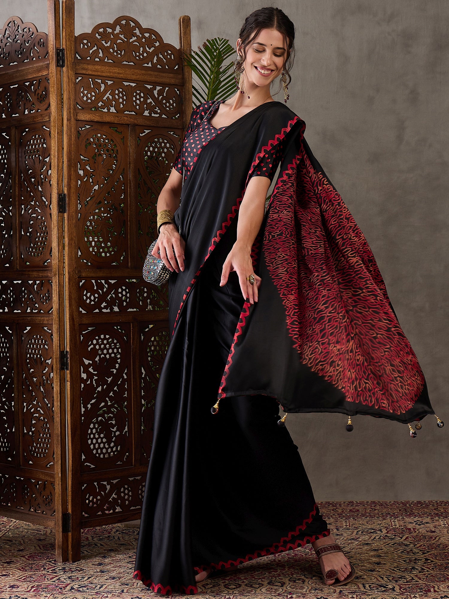Black Pure Semi Modal Japan Silk Ajarkh Printed Saree ##color## Floral Printed Saree with premium fabric and embroidery