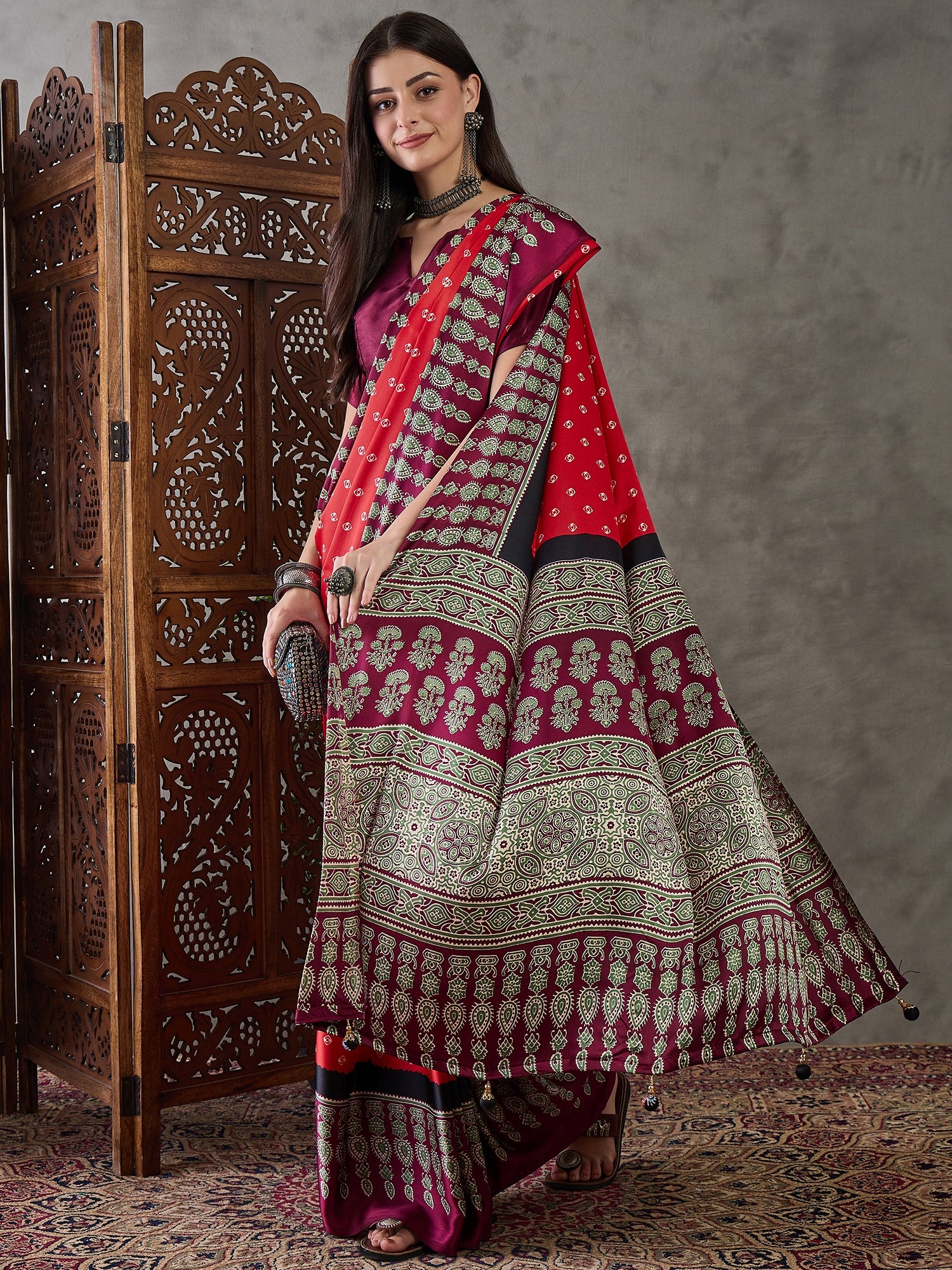 Red Pure Semi Modal Silk Ajarkh Printed Saree 