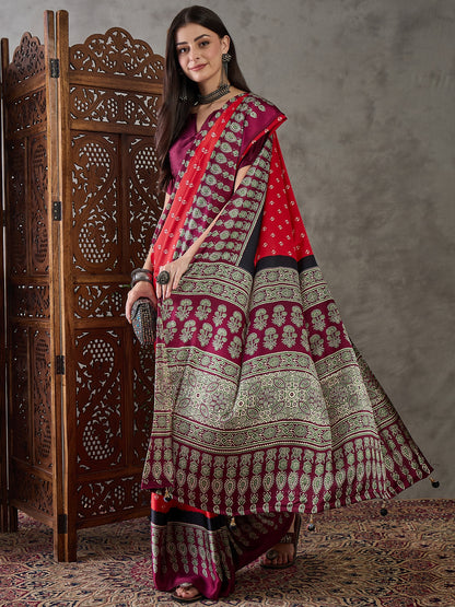 Red Pure Semi Modal Silk Ajarkh Printed Saree 