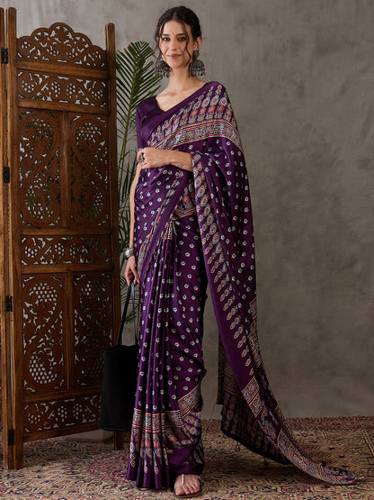 Purple Pure Semi Modal Silk Floral Printed Saree 