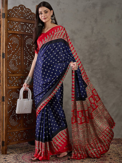 Blue Pure Semi Modal Silk Ajarkh Printed Saree