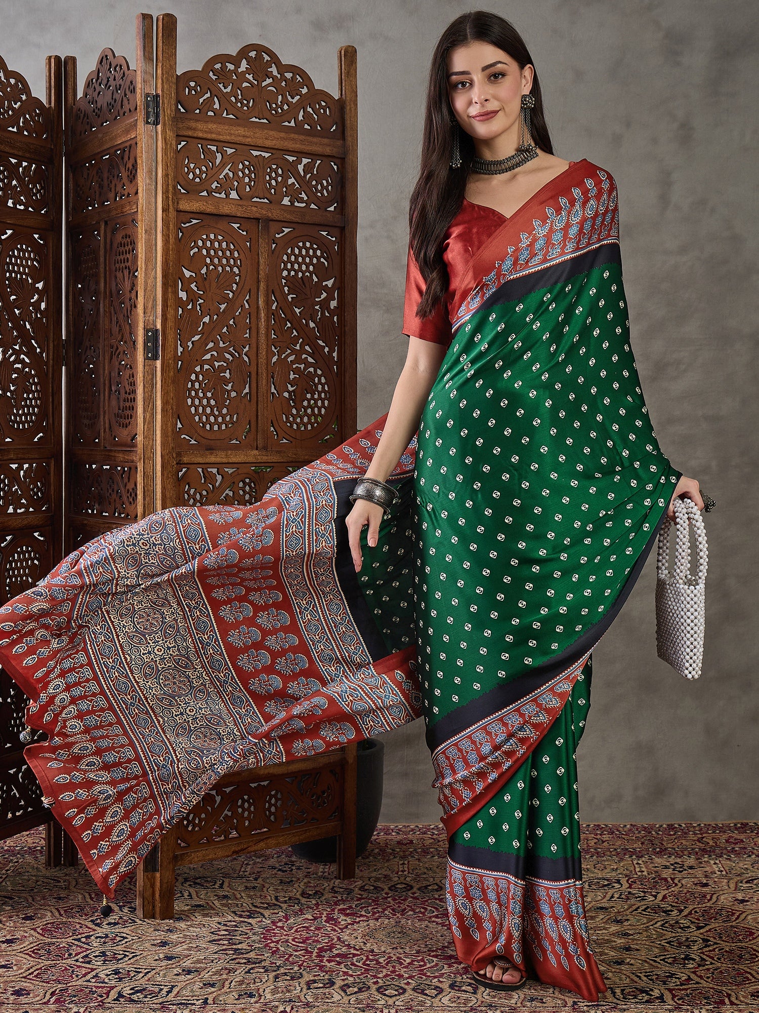 Green Pure Semi Modal Silk Ajarkh Printed Saree 