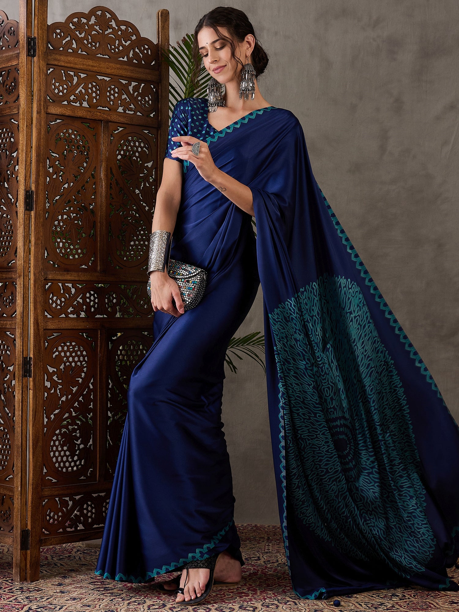 Blue Pure Semi Modal Japan Silk Ajarkh Printed Saree 