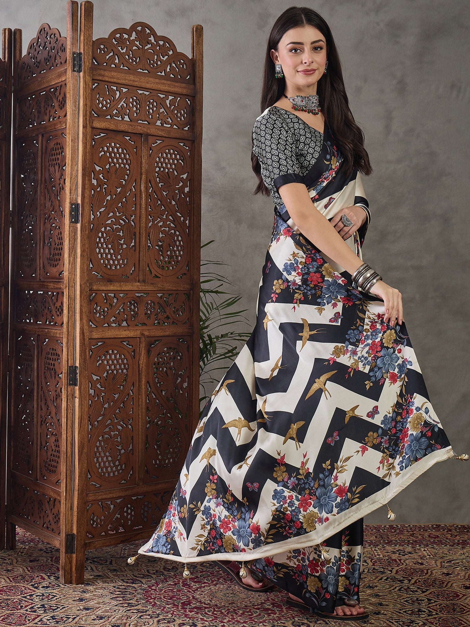 Black Pure Semi Modal Japan Silk Ajarkh Printed Saree 