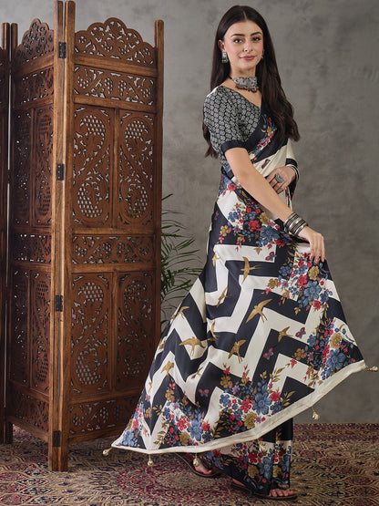 Black Pure Semi Modal Japan Silk Ajarkh Printed Saree 