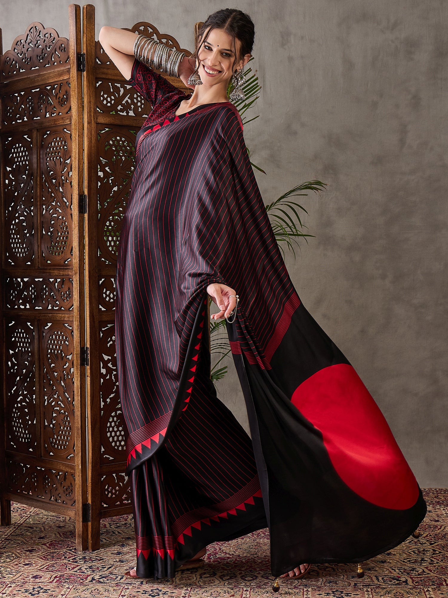 Black Pure Semi Modal Silk Ajarkh Printed Saree ##color## Floral Printed Saree with premium fabric and embroidery