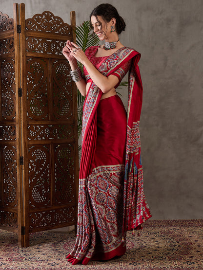 Red Pure Semi Modal Silk Floral Printed Saree 