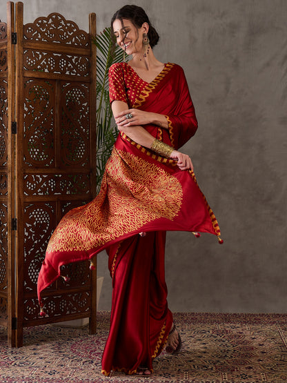 Red Pure Semi Modal Japan Silk Ajarkh Printed Saree 