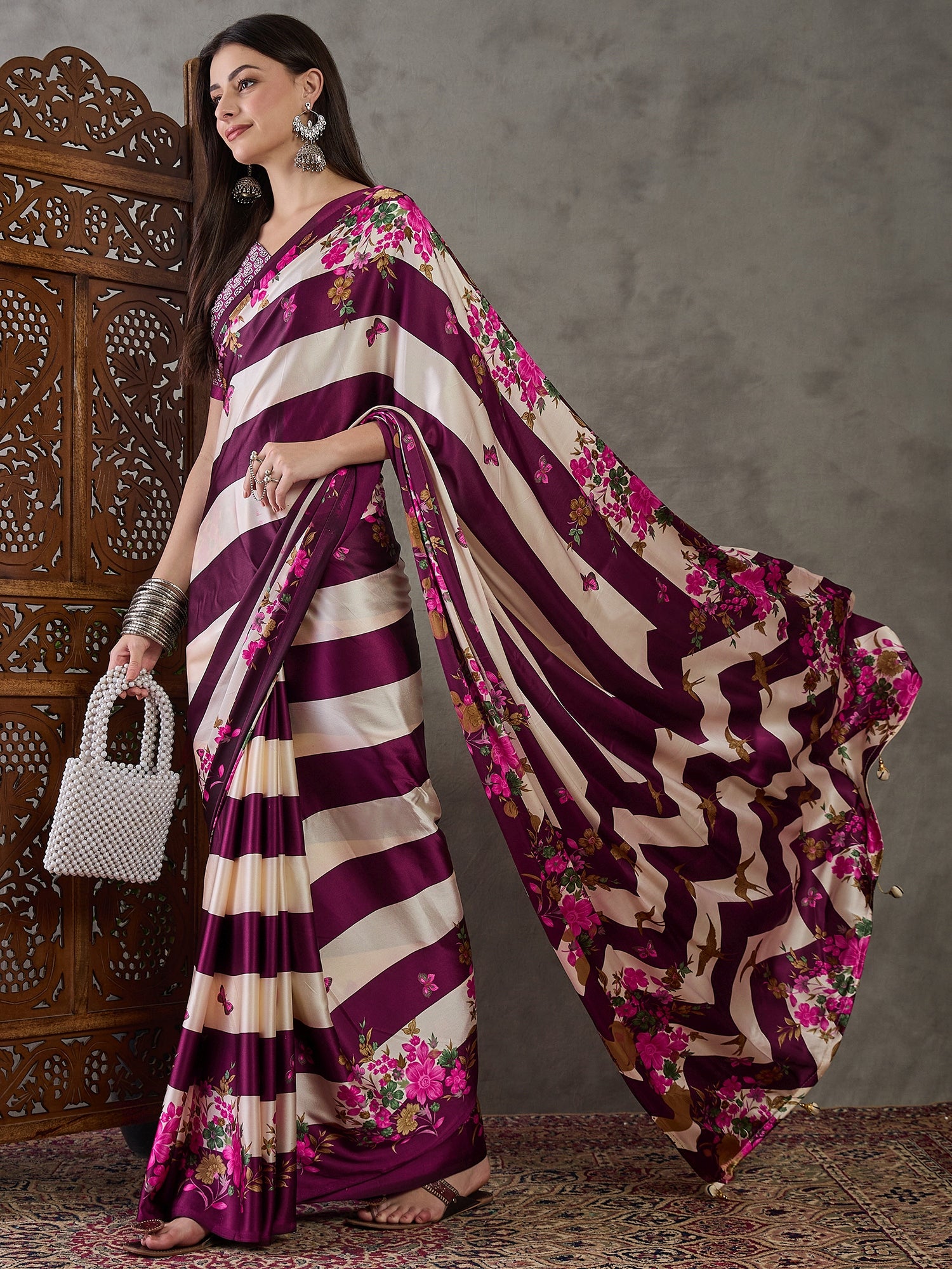 Purple Pure Semi Modal Japan Silk Ajarkh Printed Saree 