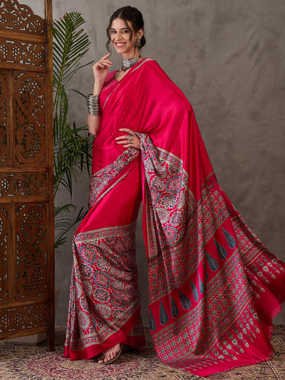 Pink Pure Semi Modal Silk Floral Printed Saree 