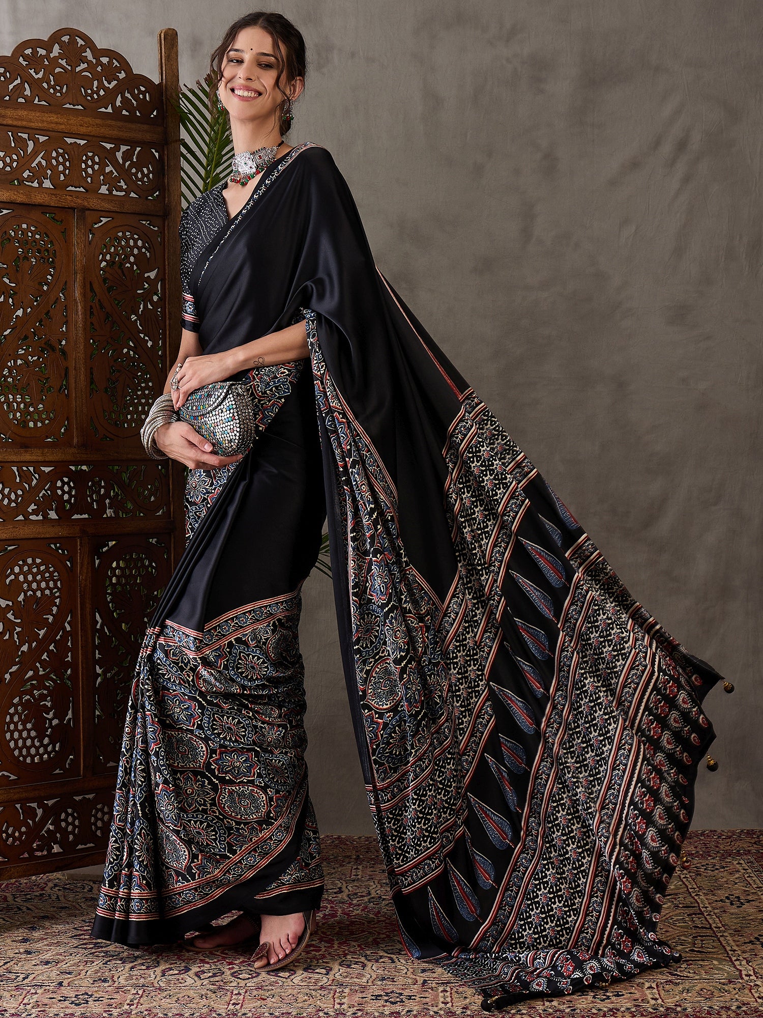Black Pure Semi Modal Silk Floral Printed Saree 
