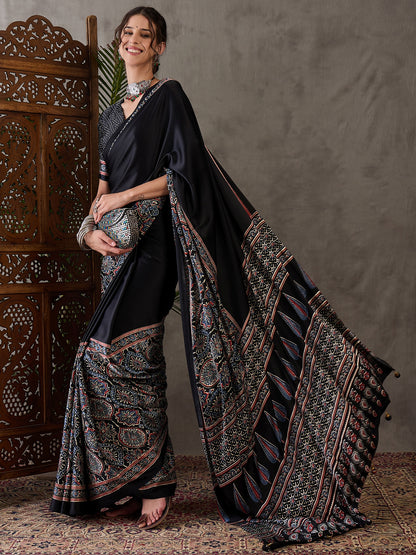 Black Pure Semi Modal Silk Floral Printed Saree 