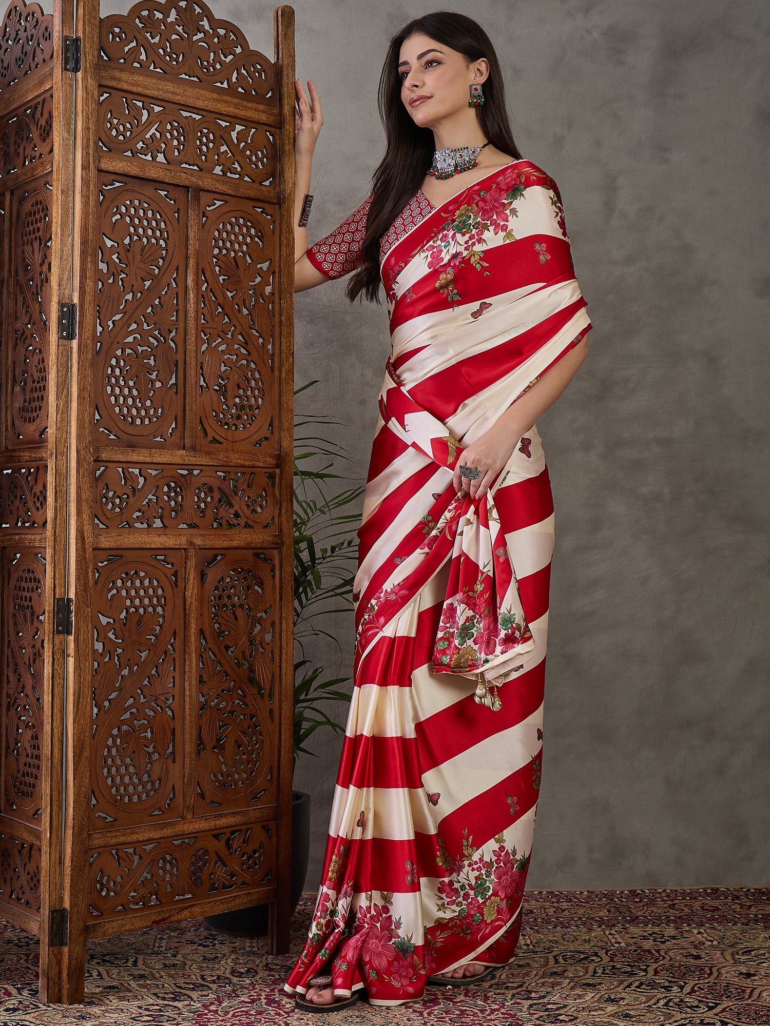 Red Pure Semi Modal Japan Silk Ajarkh Printed Saree 