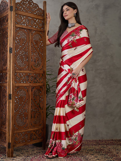 Red Pure Semi Modal Japan Silk Ajarkh Printed Saree 